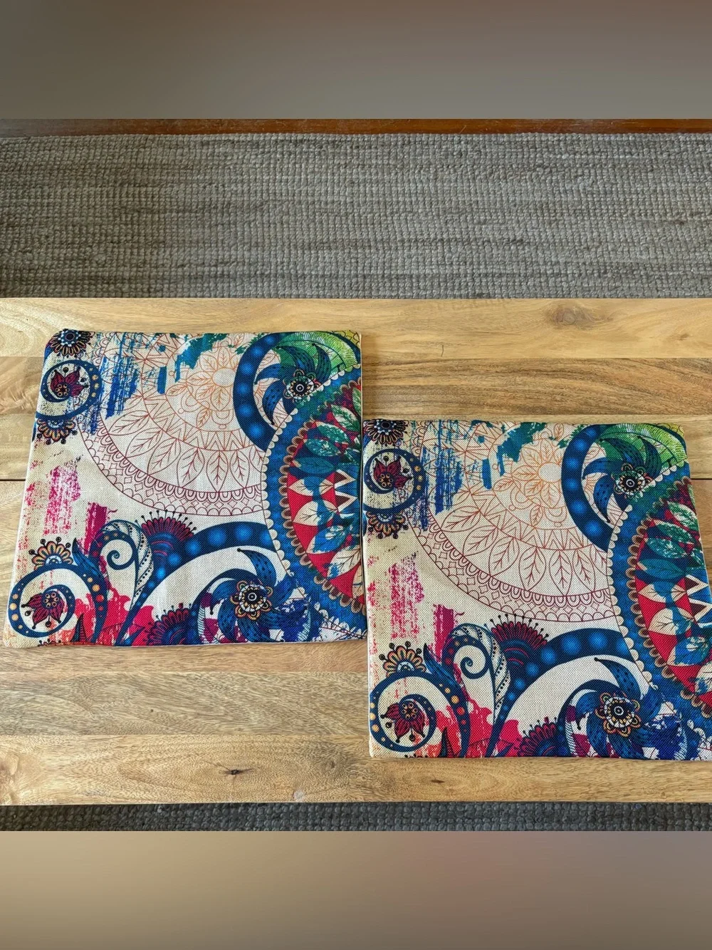 Set of 2 Boho Paisley Mandala Pillow Covers- Teal Red